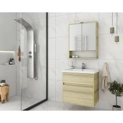 Έπιπλο μπάνιου σετ με νιπτήρα και καθρέπτη με ντουλάπι DROP Instinct 65 Natural Oak