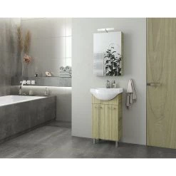 Έπιπλο μπάνιου σετ με νιπτήρα και καθρέπτη με ντουλάπι DROP Ritmo 45 Natural Oak